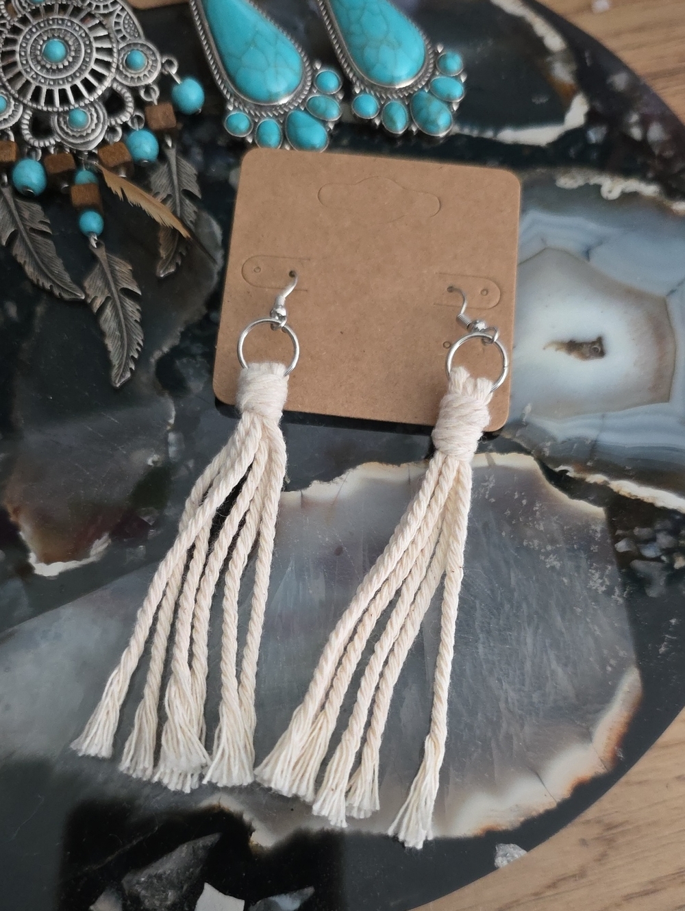 Turquoise Boho Feather Drop Earrings — Women Jewelry - Picture 4 of 4